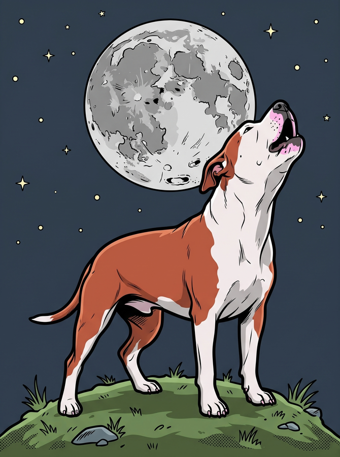 Illustration of a pit bull howling at the full moon