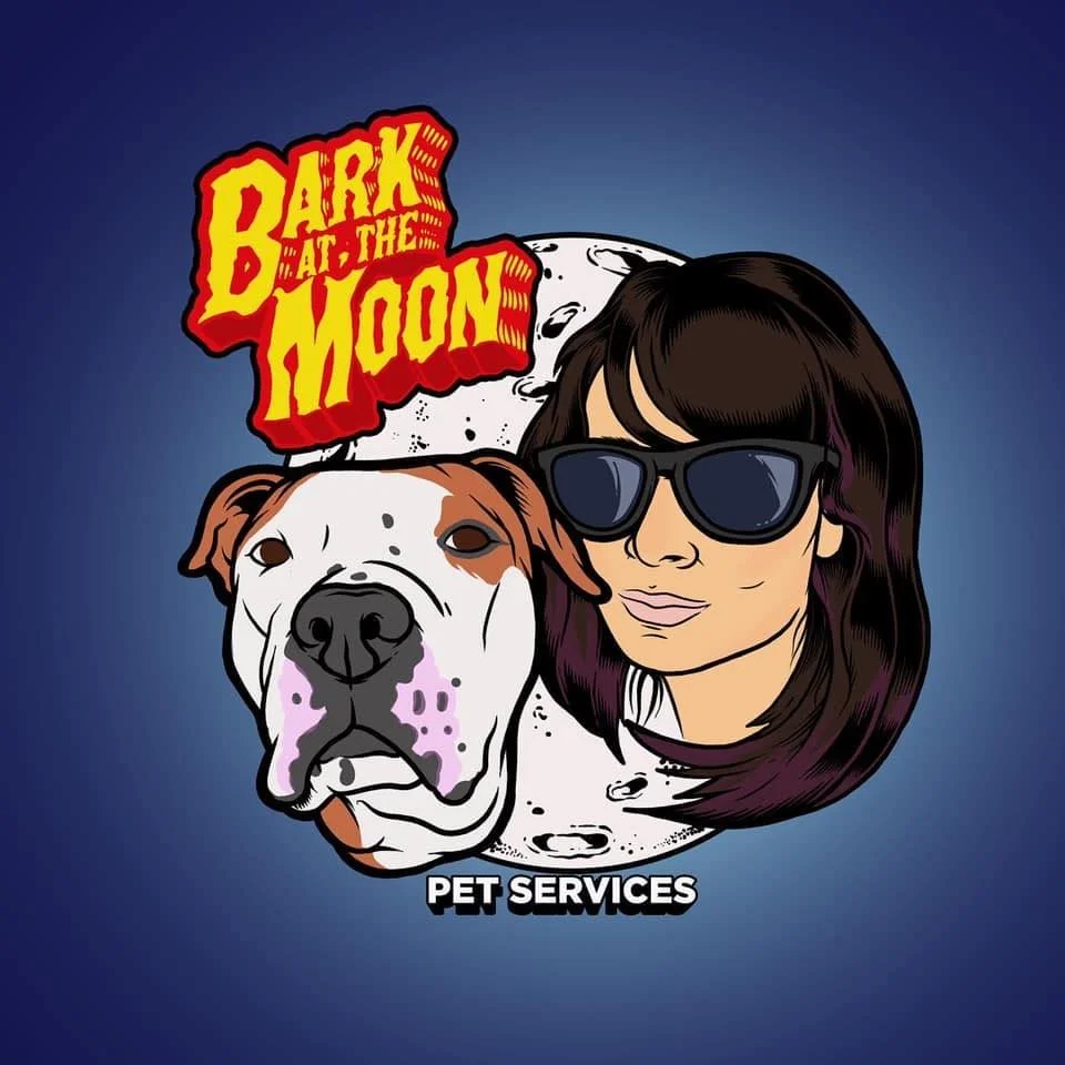 Bark at the Moon Pet Services — illustrated logo of Erica and a pit bull in front of a full moon