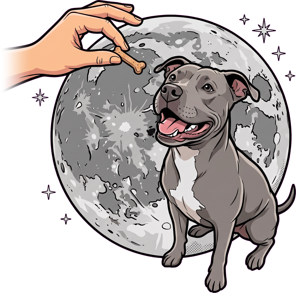 Illustration of a pit bull sitting for a treat in front of the full moon
